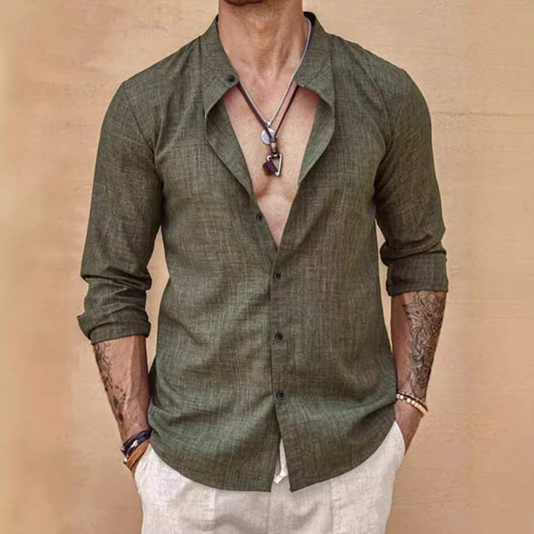 Stand Collar Long Sleeve Men's Cardigan Shirt Men's Top